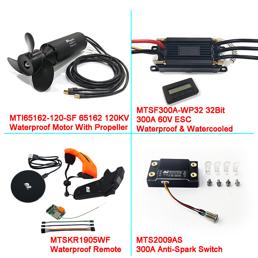 Fully Waterproof 60V Efoil Kits with MTI65162 Motor + New 300A 32Bit ESC + 1905WF Remote + MTS2009AS Switch + 12V 30W Water Pump
