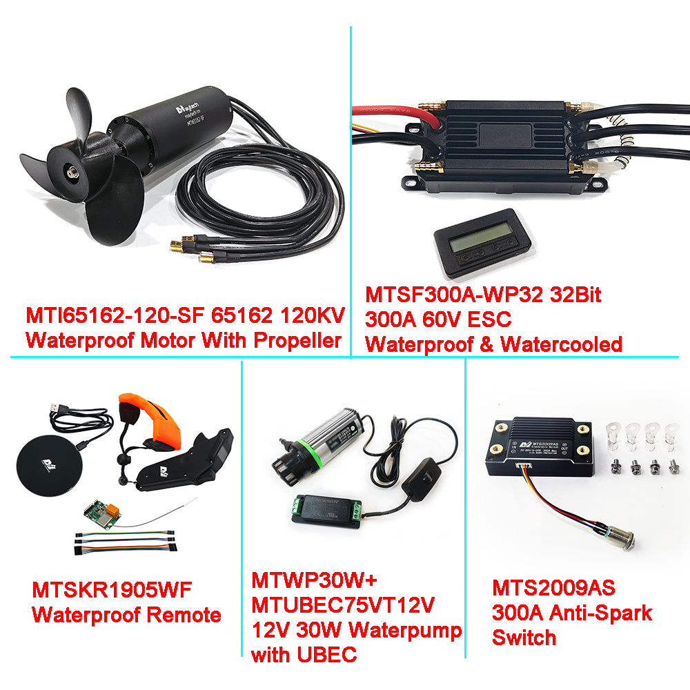 Fully Waterproof 60V Efoil Kits with MTI65162 Motor + New 300A 32Bit ESC + 1905WF Remote + MTS2009AS Switch + 12V 30W Water Pump