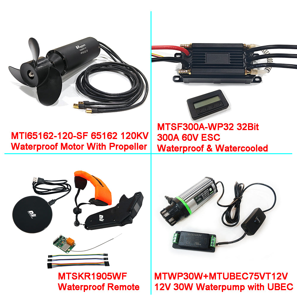 Fully Waterproof 60V Efoil Kits with MTI65162 Motor + New 300A 32Bit ESC + 1905WF Remote + MTS2009AS Switch + 12V 30W Water Pump