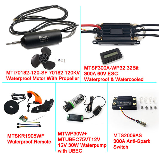 Fully Waterproof Efoil Kits 14S 60V with MTI70182 Motor + New 300A 32Bit ESC + 1905WF Remote + MTS2009AS Switch + 12V 30W Water Pump