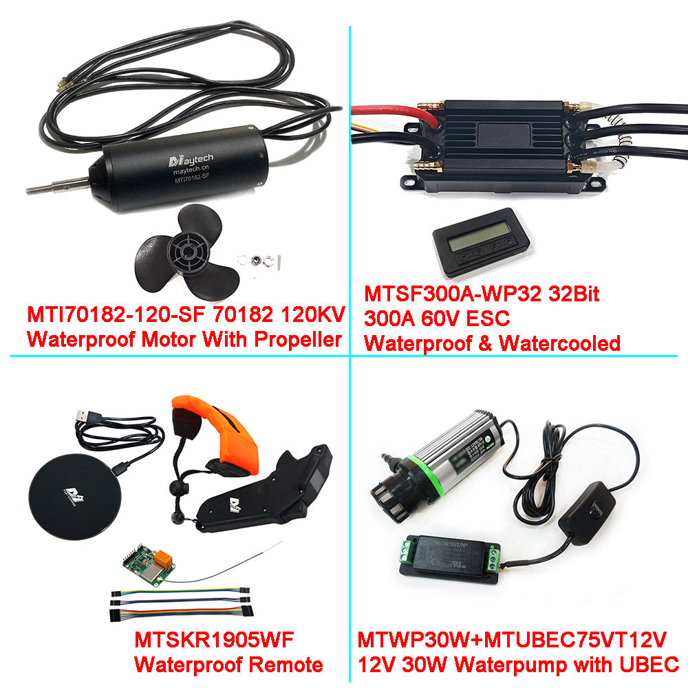 Fully Waterproof Efoil Kits with MTI70182 Motor + New 300A 32Bit ESC + 1905WF Remote + MTS2009AS Switch + 12V 30W Water Pump