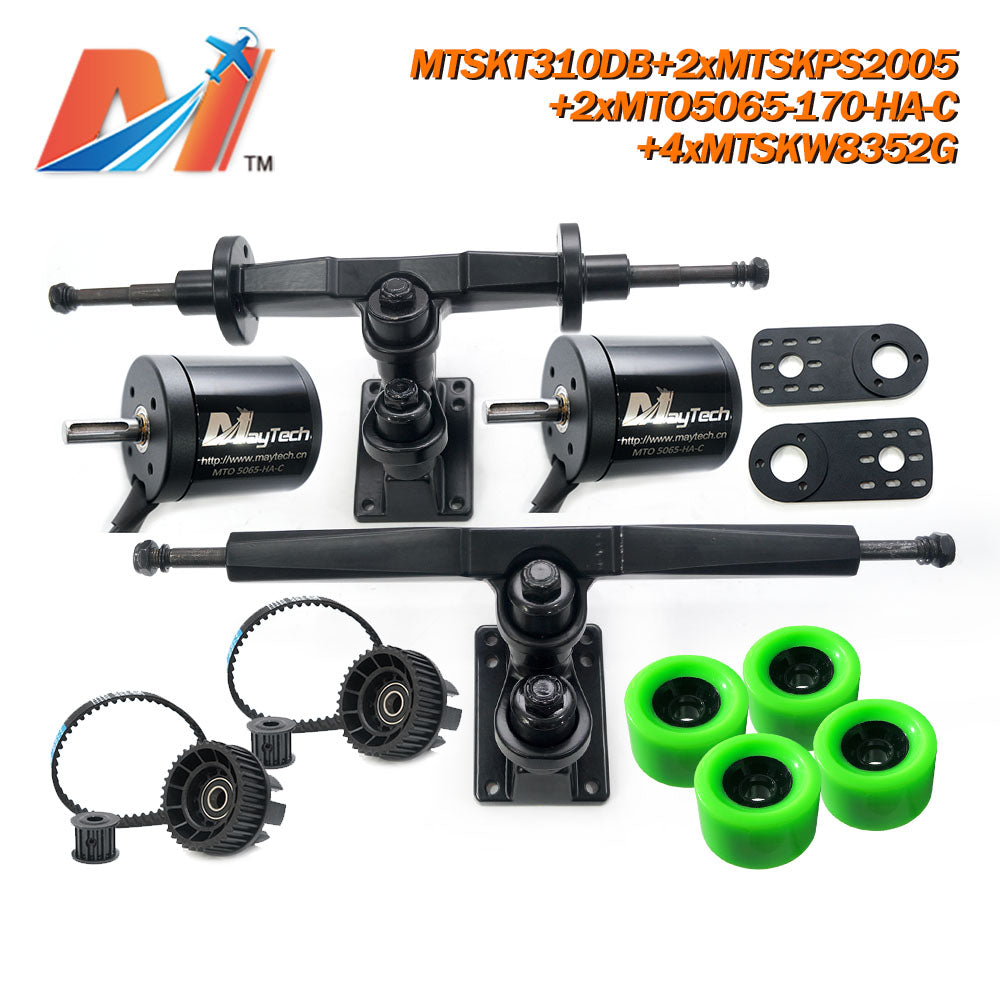 Maytech Electric Skateboard Kit with 2pcs 5065 Sealed/ Unsealed Motor + 2x MTSKPS2005 Pulley Belt System + MTSKT310DB Front & Rear Truck Set + 4pcs 8352 Wheels for Esk8 Elongboard