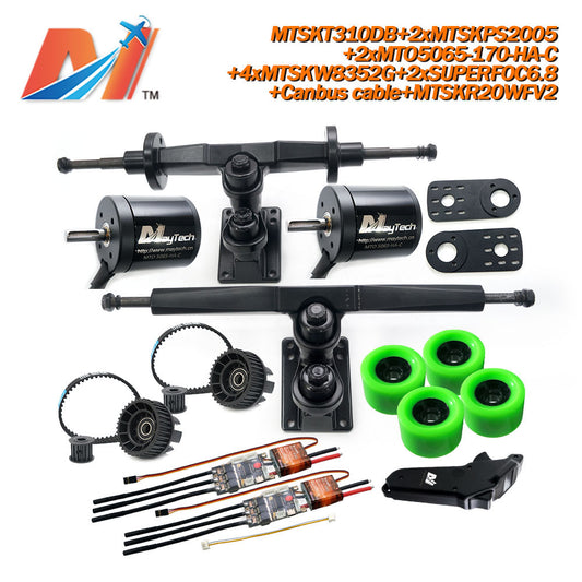 Maytech Electric Skateboard Kit 2x Sealed/Unsealed 5065 Motor + 2x SUPERFOC6.8 VESC + MTSKR2005WF Waterproof Esk8 Remote with Truck Pulley 8352 Wheels