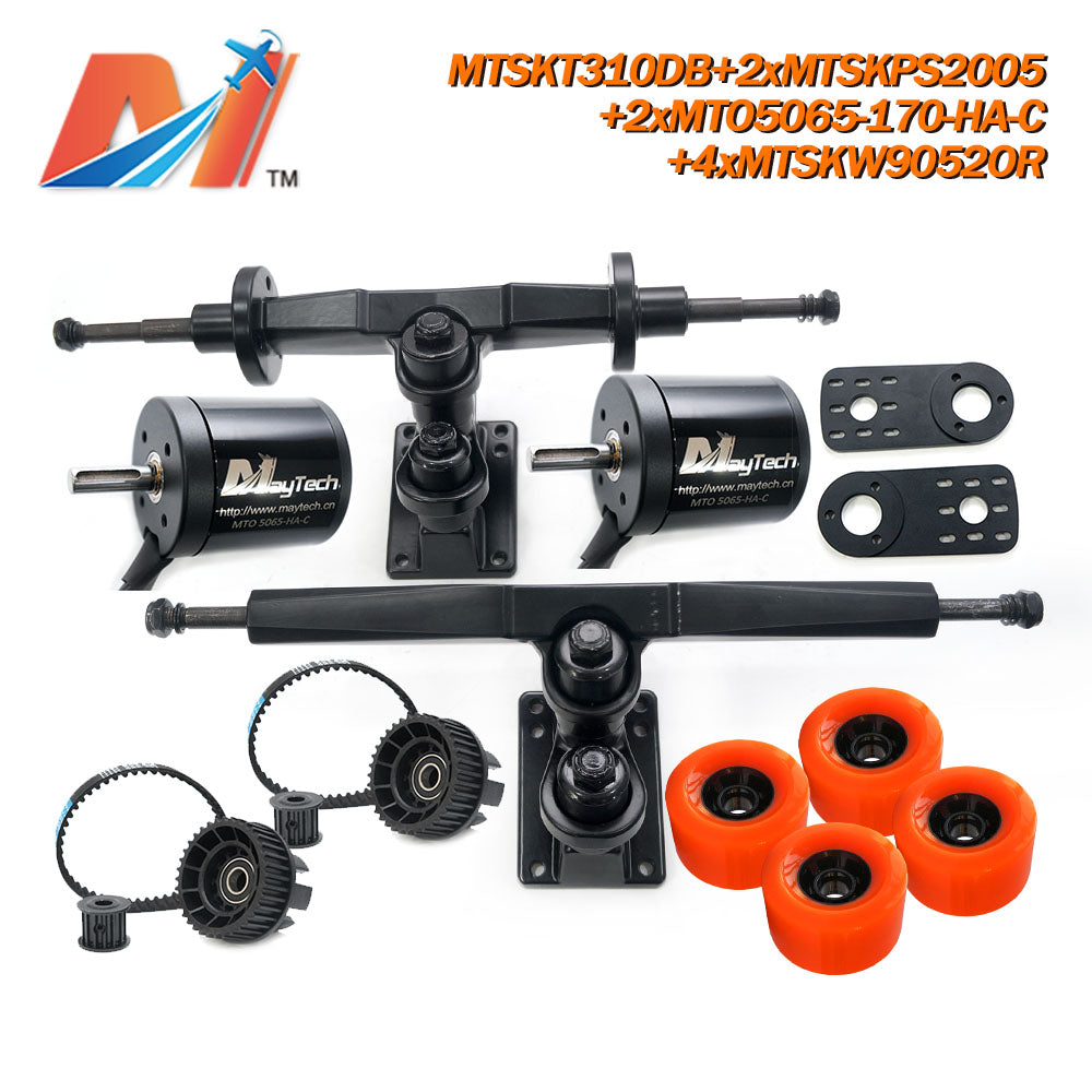 Maytech Electric Skateboard Kit with 2pcs 5065 Sealed/ Unsealed Motor + 2x MTSKPS2005 Pulley Belt System + MTSKT310DB Front & Rear Truck Set + 4pcs 9052 Wheels for Esk8 Elongboard