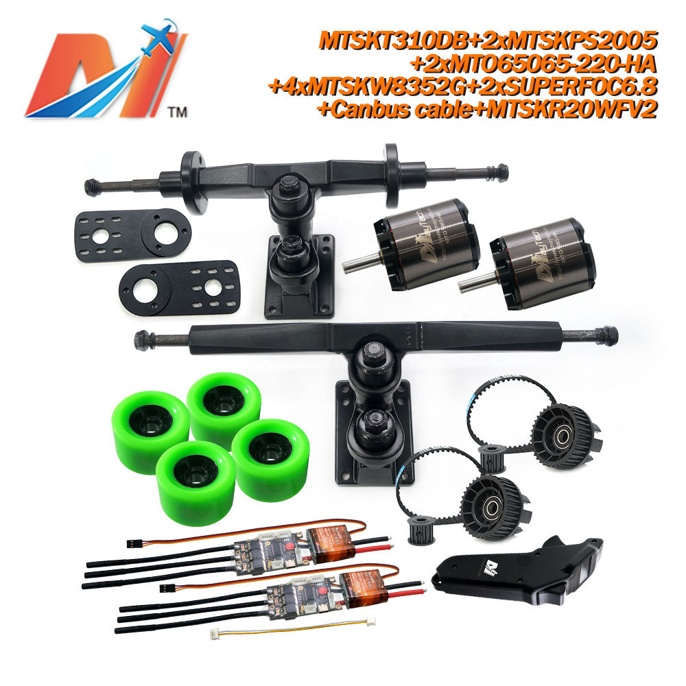 Maytech Electric Skateboard Kit 2x Sealed/Unsealed 5065 Motor + 2x SUPERFOC6.8 VESC + MTSKR2005WF Waterproof Esk8 Remote with Truck Pulley 8352 Wheels