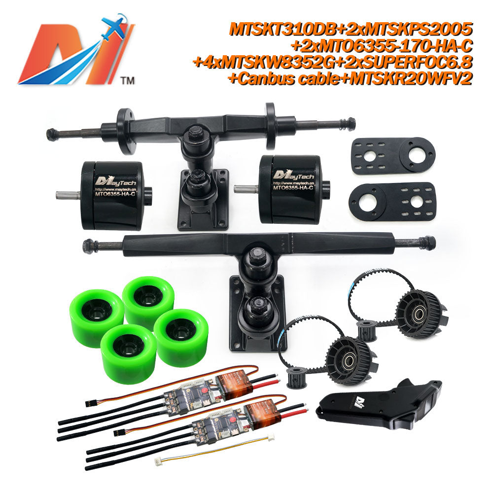 Maytech Electric Skateboard Kit 2x Sealed 6355 6365 6374 Motor + 2x SUPERFOC6.8 VESC+MTSKR2005WF Waterproof Esk8 Remote with Truck Pulley 8352 Wheels