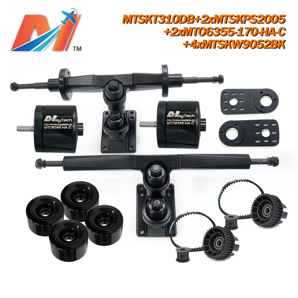 Maytech Electric Skateboard Kit with 2x Sealed 6355 6365 6374 Motor + MTSKT310DB Front & Rear Truck + 4x 9052 Wheels + 2x MTSKPS2005 Pulley Belt System for Esk8 Elongboard