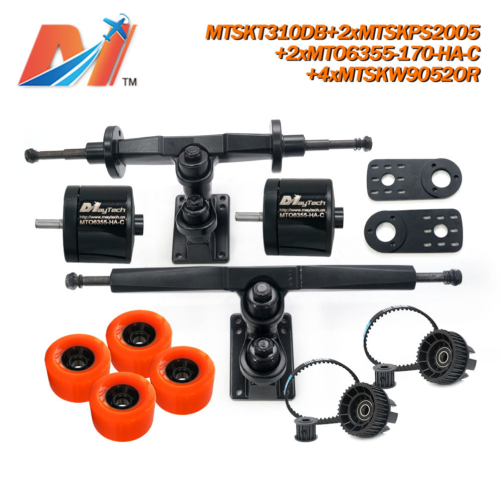 Maytech Electric Skateboard Kit with 2x Sealed 6355 6365 6374 Motor + MTSKT310DB Front & Rear Truck + 4x 9052 Wheels + 2x MTSKPS2005 Pulley Belt System for Esk8 Elongboard
