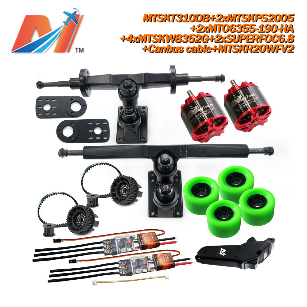 Maytech Electric Skateboard Kit 2x Unsealed 6355 6365 6374 Motor + 2x SUPERFOC6.8 VESC+MTSKR2005WF Waterproof Esk8 Remote with Truck Pulley 8352 Wheels