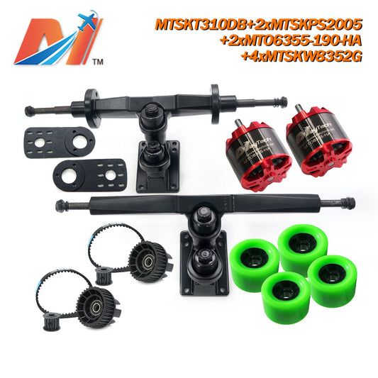 Maytech Electric Skateboard Kit with 2x Unsealed 6355 6365 6374 Motor + MTSKT310DB Front & Rear Truck + 4x MTSKW8352 Green Wheel + 2x MTSKPS2005 Pulley Belt System for Esk8 Elongboard