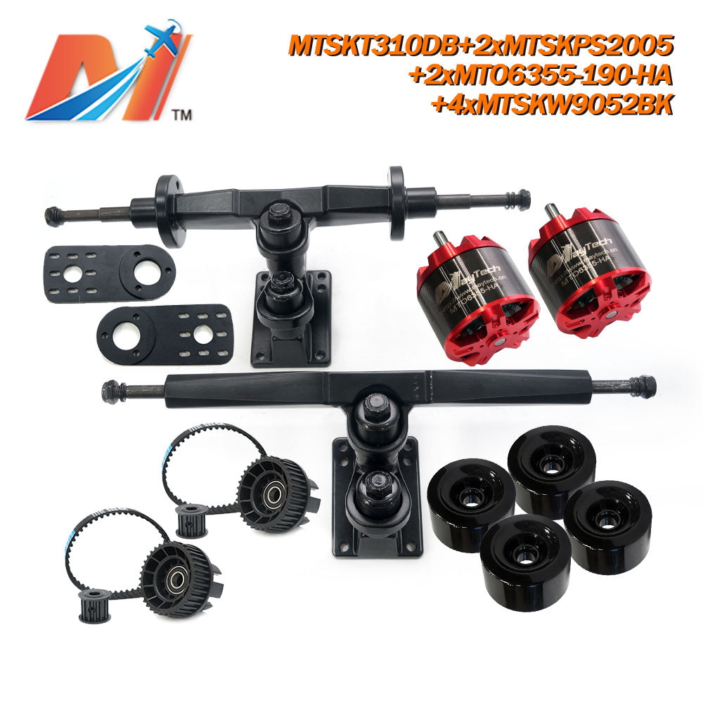 Maytech Dual Motor Drive Electric Skateboard Kit with 2x Unsealed 6355 6365 6374 Motor + MTSKT310DB Front & Rear Truck + 4x 9052 Green Wheel + 2x MTSKPS2005 Pulley Belt System for Esk8 Elongboard