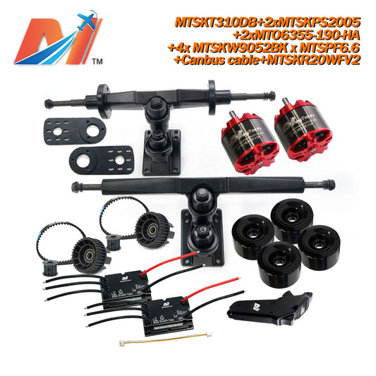 Maytech Electric Skateboard Kit 2x Unsealed 6355 6365 6374 Motor + 2x 200A SuperESC+MTSKR2005WF Waterproof Esk8 Remote with Truck Pulley 9052 Wheels