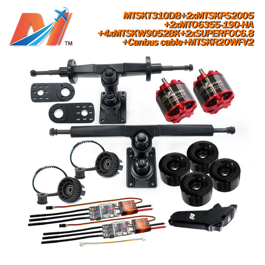 Maytech Electric Skateboard Kit 2x Unsealed 6355 6365 6374 Motor + 2x SUPERFOC6.8 SuperESC +MTSKR2005WF Waterproof Esk8 Remote with Truck Pulley 9052 Wheels