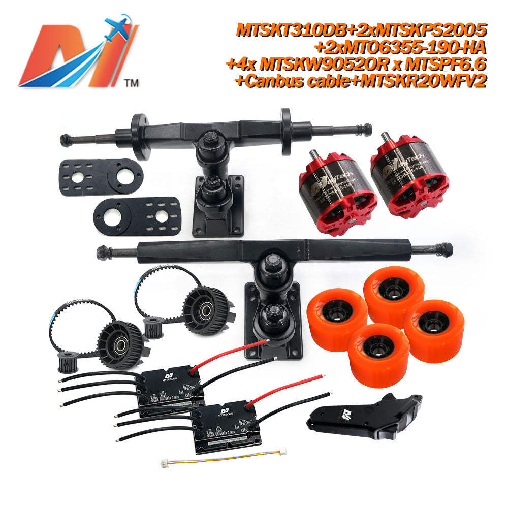 Maytech Electric Skateboard Kit 2x Unsealed 6355 6365 6374 Motor + 2x 200A SuperESC+MTSKR2005WF Waterproof Esk8 Remote with Truck Pulley 9052 Wheels