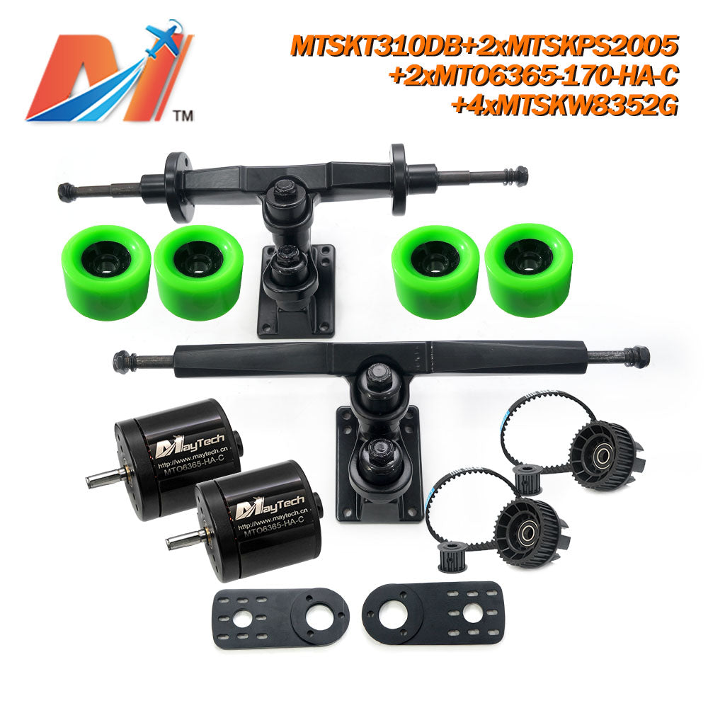 Maytech Electric Skateboard Kit with 2x Sealed 6355 6365 6374 Motor + MTSKT310DB Front & Rear Truck + 4x Green 8352 Wheels + 2x MTSKPS2005 Pulley Belt System for Esk8 Elongboard