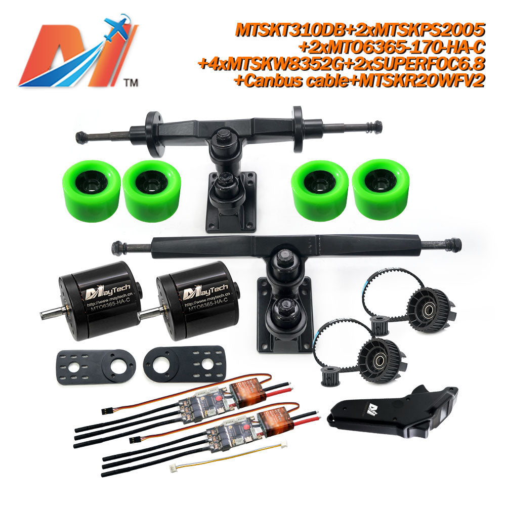 Maytech Electric Skateboard Kit 2x Sealed 6355 6365 6374 Motor + 2x SUPERFOC6.8 VESC+MTSKR2005WF Waterproof Esk8 Remote with Truck Pulley 8352 Wheels