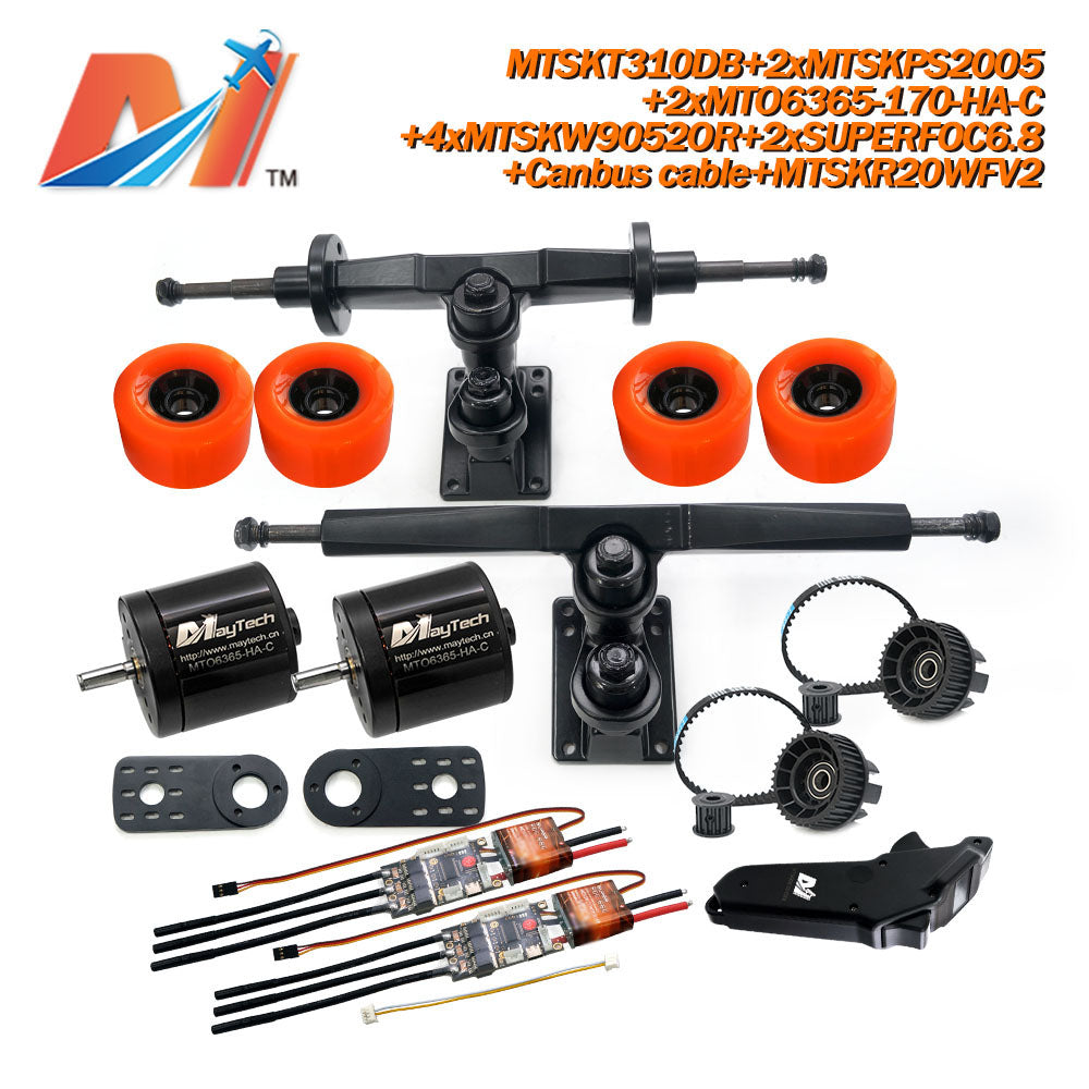 Maytech Electric Skateboard Kit 2x Sealed 6355 6365 6374 Motor + 2x SUPERFOC6.8 SuperESC+MTSKR2005WF Waterproof Esk8 Remote with Truck Pulley 9052 Wheels