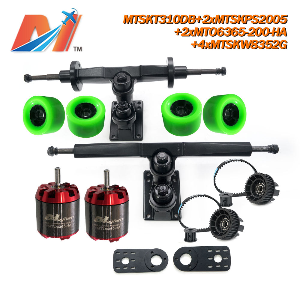 Maytech Electric Skateboard Kit with 2x Unsealed 6355 6365 6374 Motor + MTSKT310DB Front & Rear Truck + 4x MTSKW8352 Green Wheel + 2x MTSKPS2005 Pulley Belt System for Esk8 Elongboard