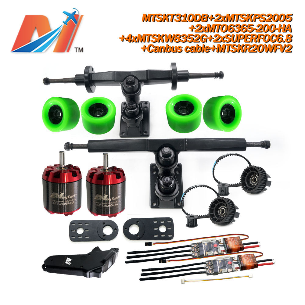 Maytech Electric Skateboard Kit 2x Unsealed 6355 6365 6374 Motor + 2x SUPERFOC6.8 VESC+MTSKR2005WF Waterproof Esk8 Remote with Truck Pulley 8352 Wheels