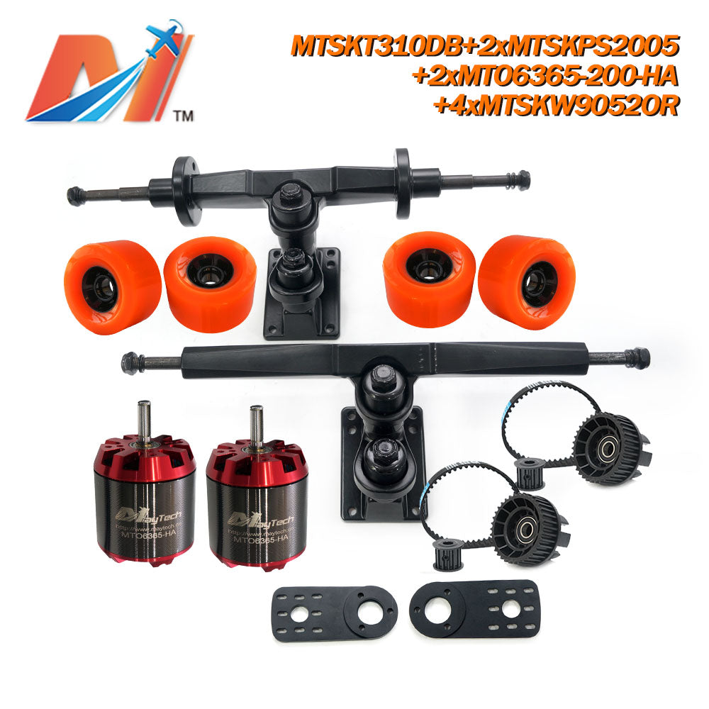 Maytech Dual Motor Drive Electric Skateboard Kit with 2x Unsealed 6355 6365 6374 Motor + MTSKT310DB Front & Rear Truck + 4x 9052 Green Wheel + 2x MTSKPS2005 Pulley Belt System for Esk8 Elongboard