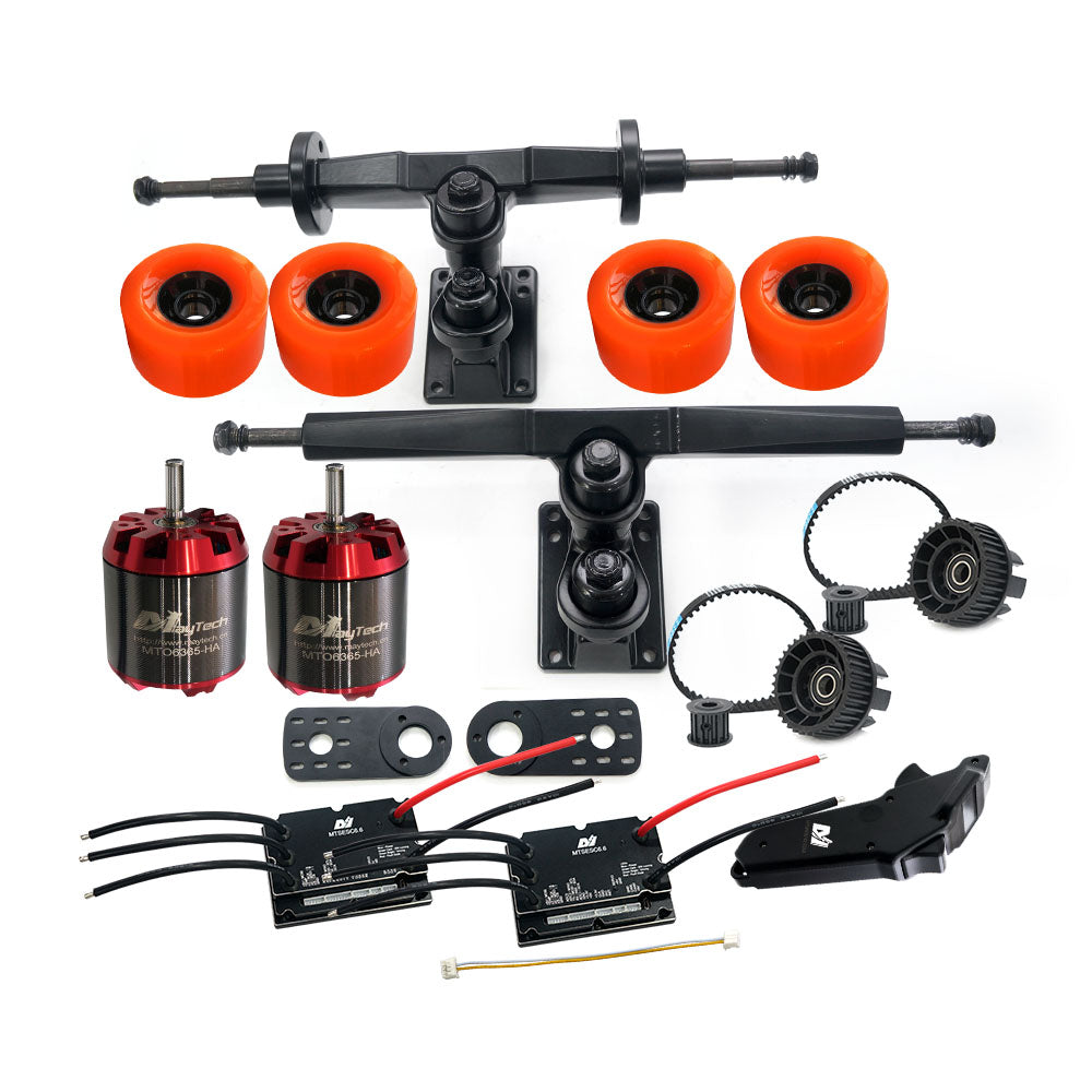 Maytech Electric Skateboard Kit 2x Unsealed 6355 6365 6374 Motor + 2x 200A SuperESC+MTSKR2005WF Waterproof Esk8 Remote with Truck Pulley 9052 Wheels