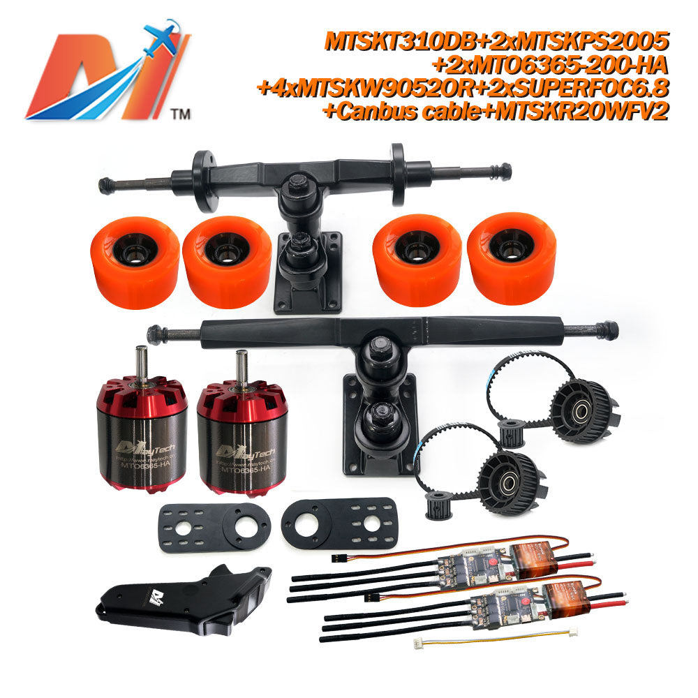 Maytech Electric Skateboard Kit 2x Unsealed 6355 6365 6374 Motor + 2x SUPERFOC6.8 SuperESC +MTSKR2005WF Waterproof Esk8 Remote with Truck Pulley 9052 Wheels