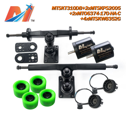 Maytech Electric Skateboard Kit with 2x Sealed 6355 6365 6374 Motor + MTSKT310DB Front & Rear Truck + 4x Green 8352 Wheels + 2x MTSKPS2005 Pulley Belt System for Esk8 Elongboard