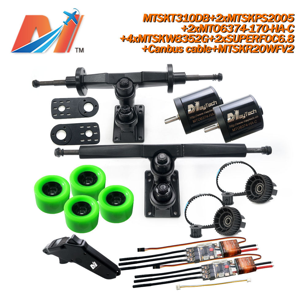 Maytech Electric Skateboard Kit 2x Sealed 6355 6365 6374 Motor + 2x SUPERFOC6.8 VESC+MTSKR2005WF Waterproof Esk8 Remote with Truck Pulley 8352 Wheels