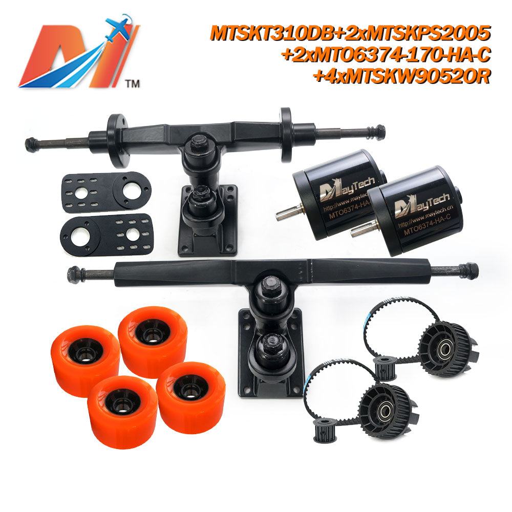 Maytech Electric Skateboard Kit with 2x Sealed 6355 6365 6374 Motor + MTSKT310DB Front & Rear Truck + 4x 9052 Wheels + 2x MTSKPS2005 Pulley Belt System for Esk8 Elongboard