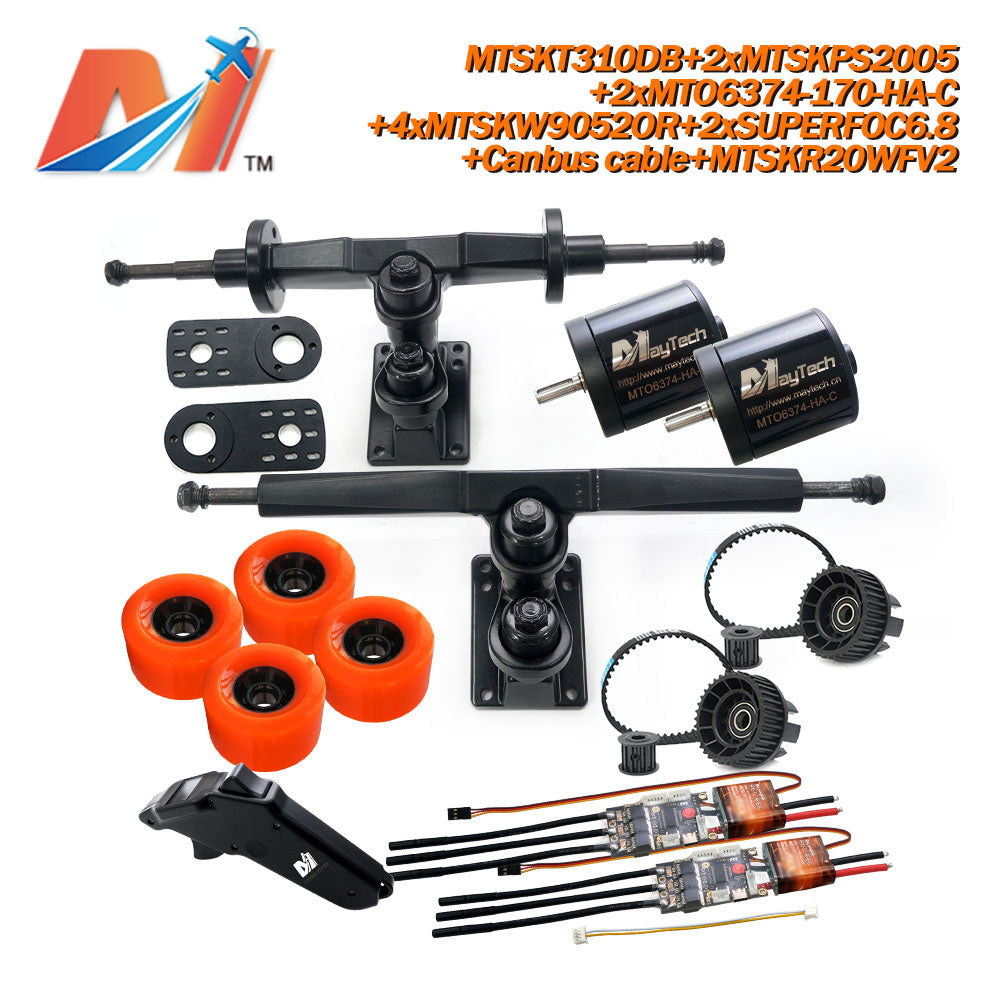 Maytech Electric Skateboard Kit 2x Sealed 6355 6365 6374 Motor + 2x SUPERFOC6.8 SuperESC+MTSKR2005WF Waterproof Esk8 Remote with Truck Pulley 9052 Wheels