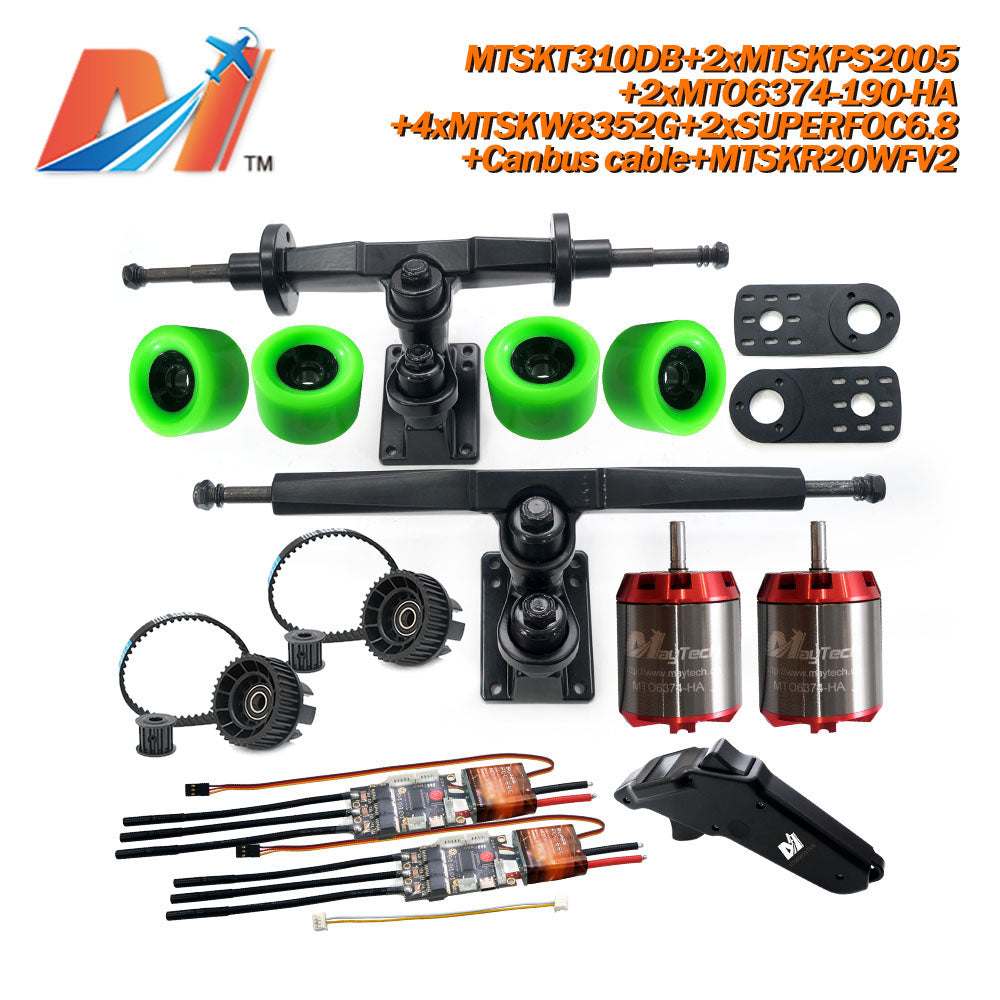 Maytech Electric Skateboard Kit 2x Unsealed 6355 6365 6374 Motor + 2x SUPERFOC6.8 VESC+MTSKR2005WF Waterproof Esk8 Remote with Truck Pulley 8352 Wheels