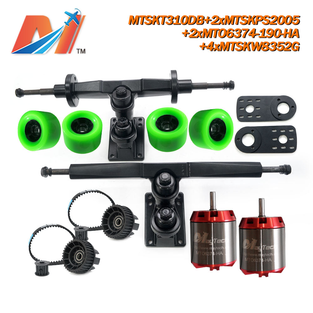 Maytech Electric Skateboard Kit with 2x Unsealed 6355 6365 6374 Motor + MTSKT310DB Front & Rear Truck + 4x MTSKW8352 Green Wheel + 2x MTSKPS2005 Pulley Belt System for Esk8 Elongboard