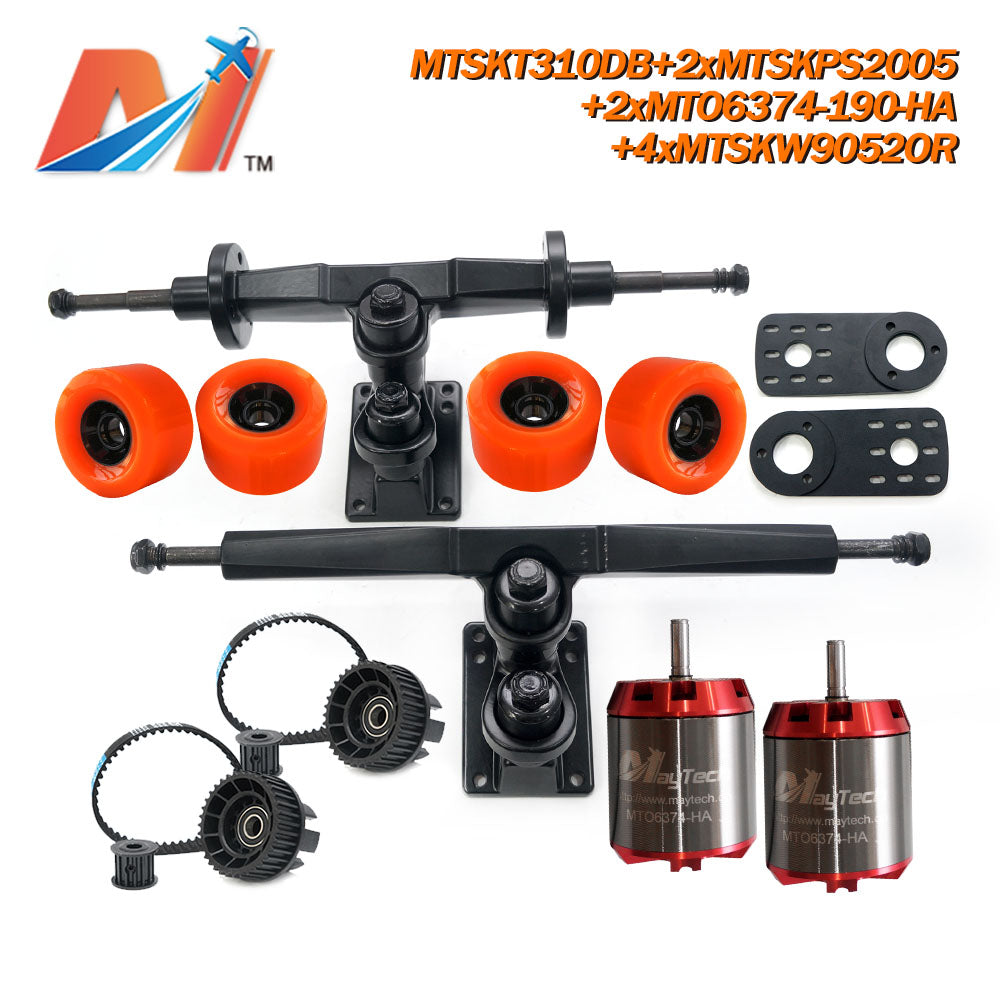 Maytech Dual Motor Drive Electric Skateboard Kit with 2x Unsealed 6355 6365 6374 Motor + MTSKT310DB Front & Rear Truck + 4x 9052 Green Wheel + 2x MTSKPS2005 Pulley Belt System for Esk8 Elongboard