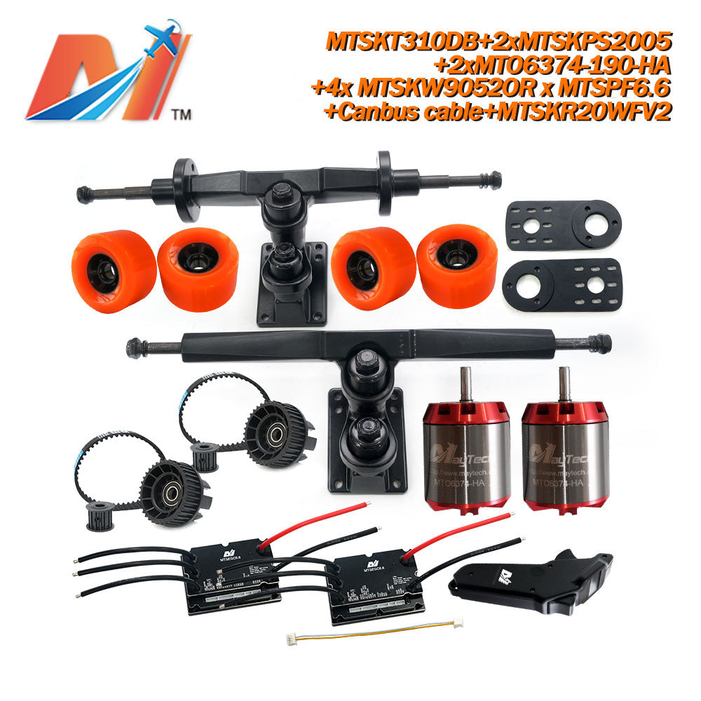 Maytech Electric Skateboard Kit 2x Unsealed 6355 6365 6374 Motor + 2x 200A SuperESC+MTSKR2005WF Waterproof Esk8 Remote with Truck Pulley 9052 Wheels