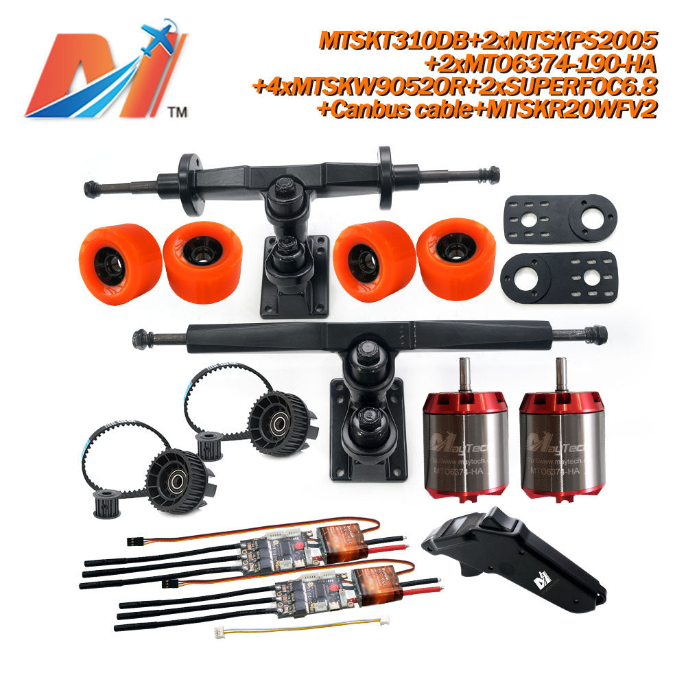 Maytech Electric Skateboard Kit 2x Unsealed 6355 6365 6374 Motor + 2x SUPERFOC6.8 SuperESC +MTSKR2005WF Waterproof Esk8 Remote with Truck Pulley 9052 Wheels