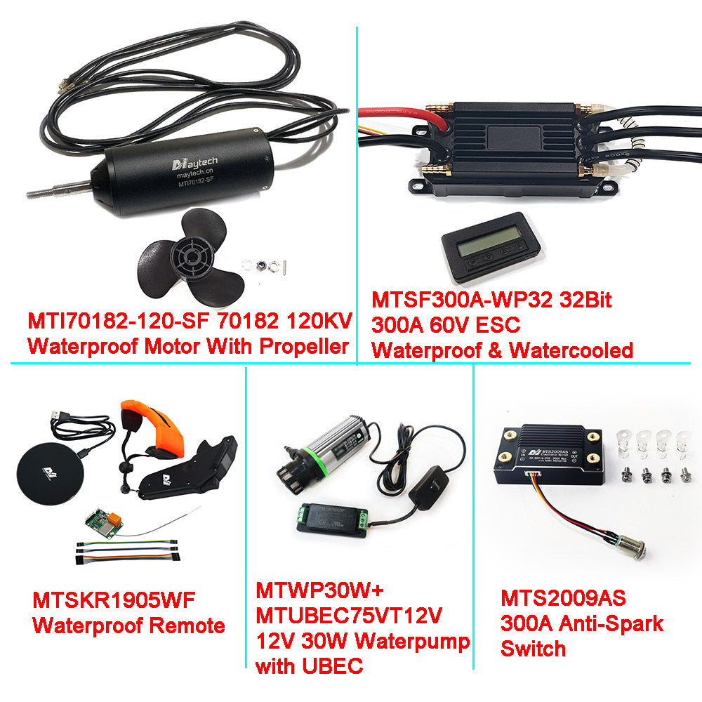 Fully Waterproof Efoil Kits with MTI70182 Motor + New 300A 32Bit ESC + 1905WF Remote + MTS2009AS Switch + 12V 30W Water Pump