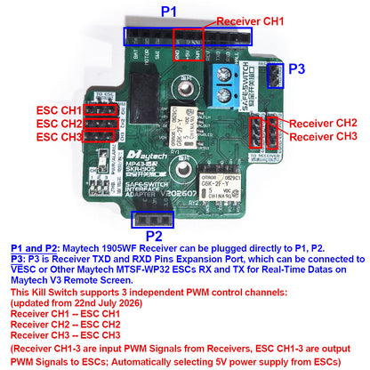 Kill Switch with 3 Independent Channels Stop Motor When Fall off from Board Safety for Efoil Jetsurf Surfboard Esk8 Compatible with MTSKR1905WF V3 Remote VESC/ESCs