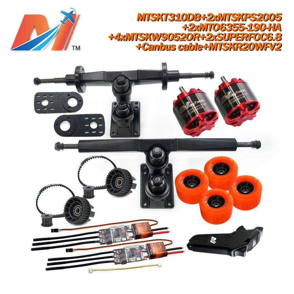 Maytech Electric Skateboard Kit 2x Unsealed 6355 6365 6374 Motor + 2x SUPERFOC6.8 SuperESC +MTSKR2005WF Waterproof Esk8 Remote with Truck Pulley 9052 Wheels