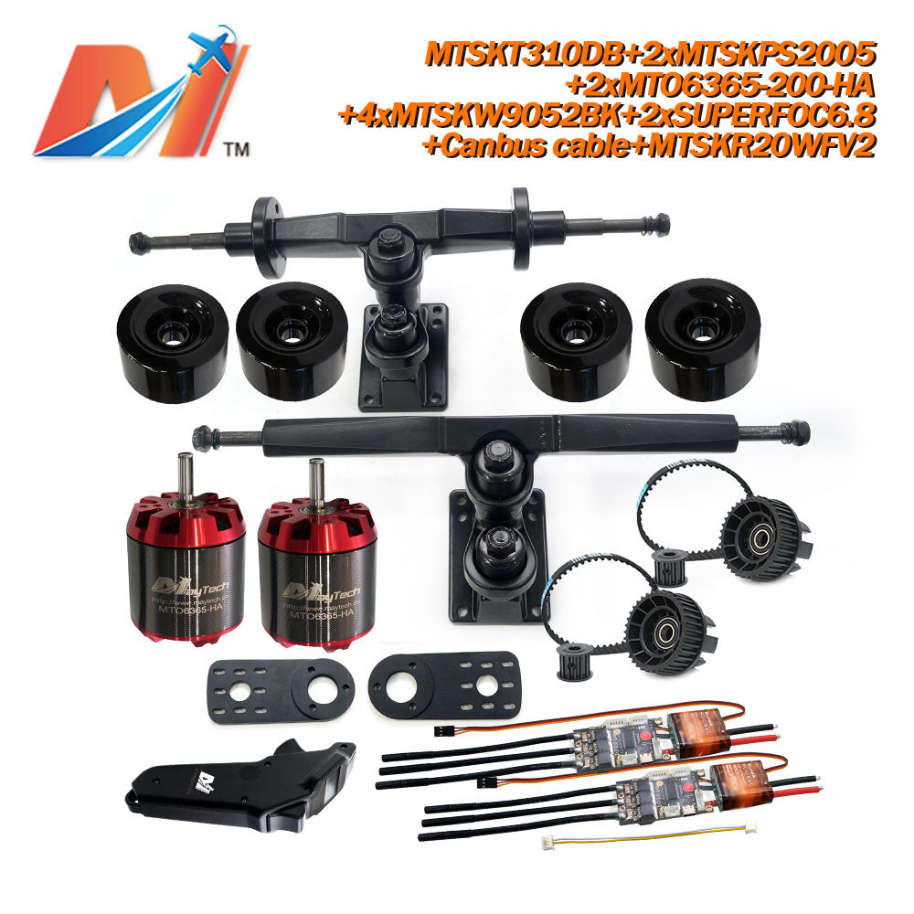 Maytech Electric Skateboard Kit 2x Unsealed 6355 6365 6374 Motor + 2x SUPERFOC6.8 SuperESC +MTSKR2005WF Waterproof Esk8 Remote with Truck Pulley 9052 Wheels