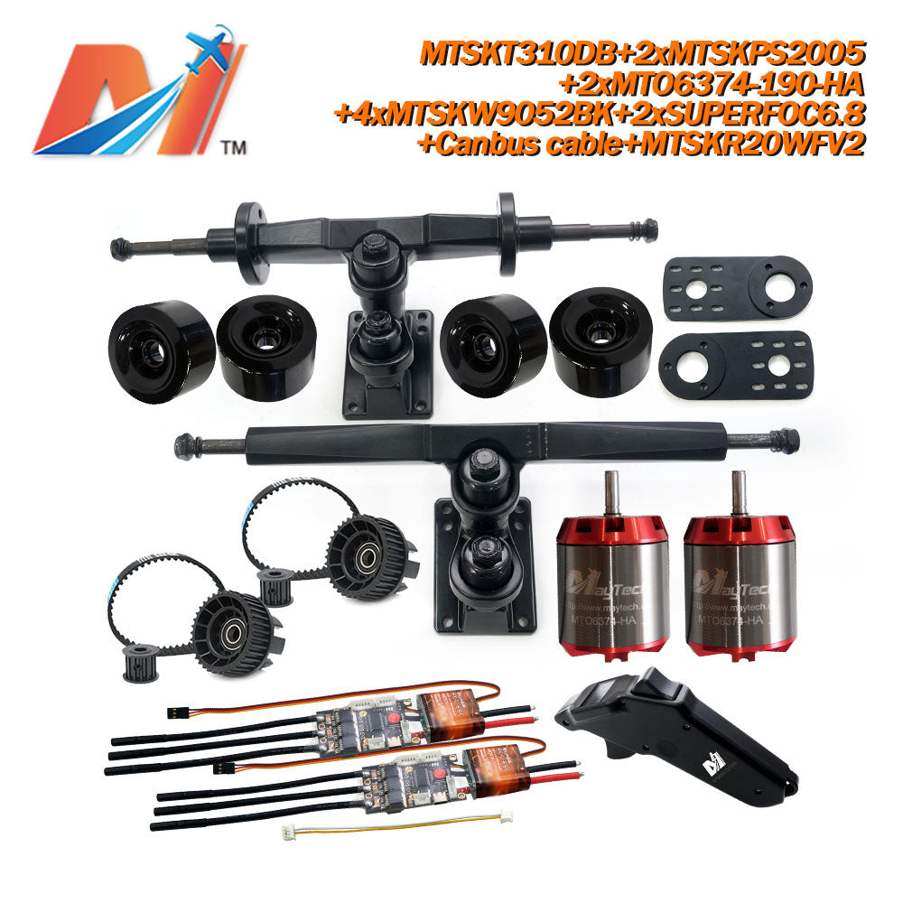 Maytech Electric Skateboard Kit 2x Unsealed 6355 6365 6374 Motor + 2x SUPERFOC6.8 SuperESC +MTSKR2005WF Waterproof Esk8 Remote with Truck Pulley 9052 Wheels